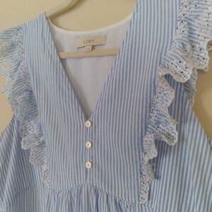 LOFT Babydoll Blue Striped Ruffle Cottagecore Coastal‎ Cowgirl Y2K Mini Dress